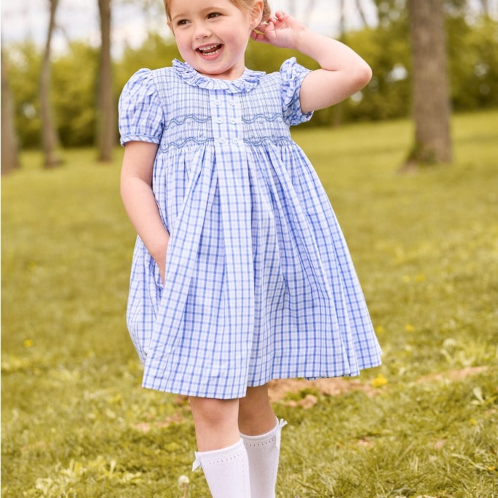 Little English Smocked Bridget Dress Woodberry Plaid Blue Girls Size 3 - Picture 2 of 2